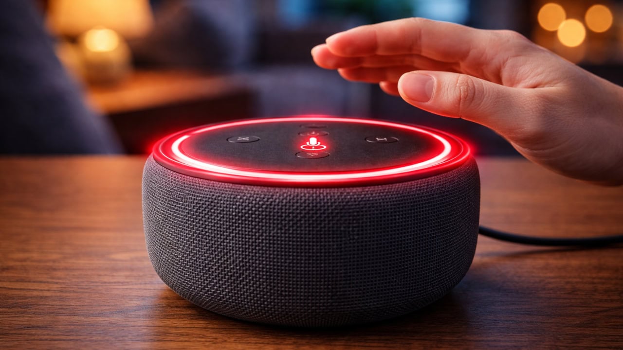 A hand reaching toward an Echo Dot that has a bright red ring lit, on a wooden table in a warmly lit room