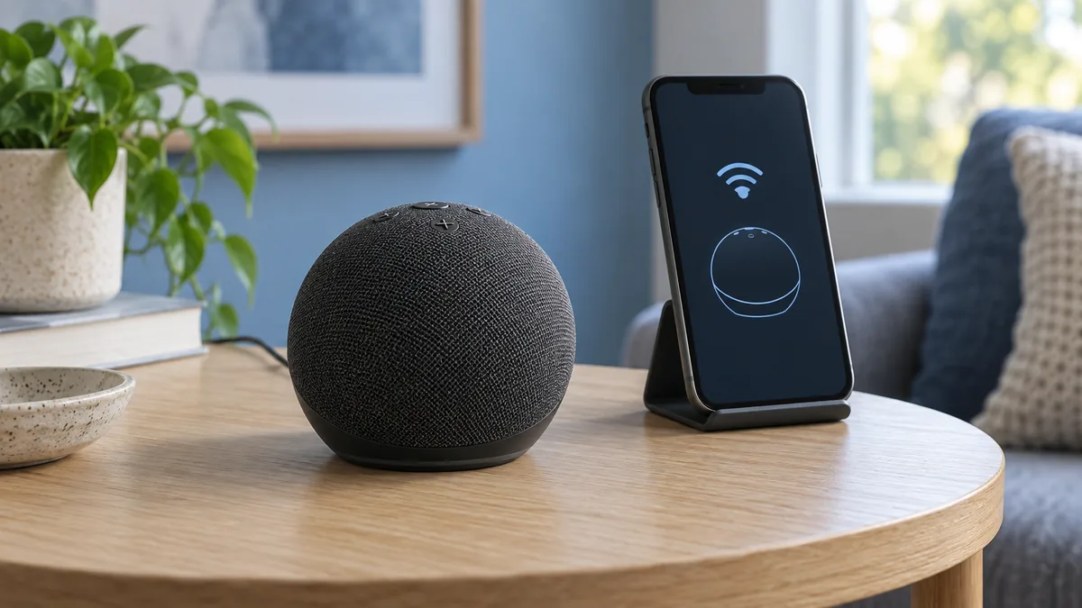 Charcoal smart speaker with an unlit base ring beside a phone showing Wi-Fi and speaker icons