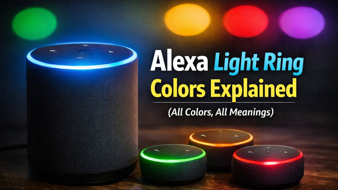 A tall fabric Echo speaker glowing blue beside three smaller Echo Dots lit green, amber and red in a dark room