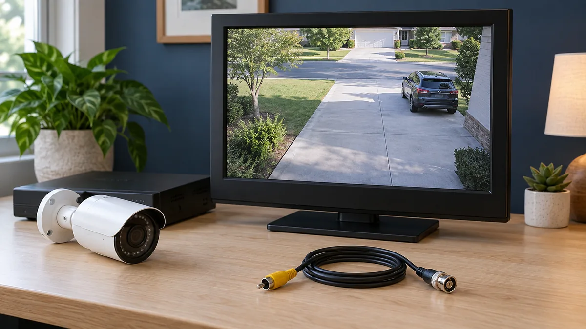 Security camera, recorder and TV showing a driveway, with a coiled composite-video cable in front