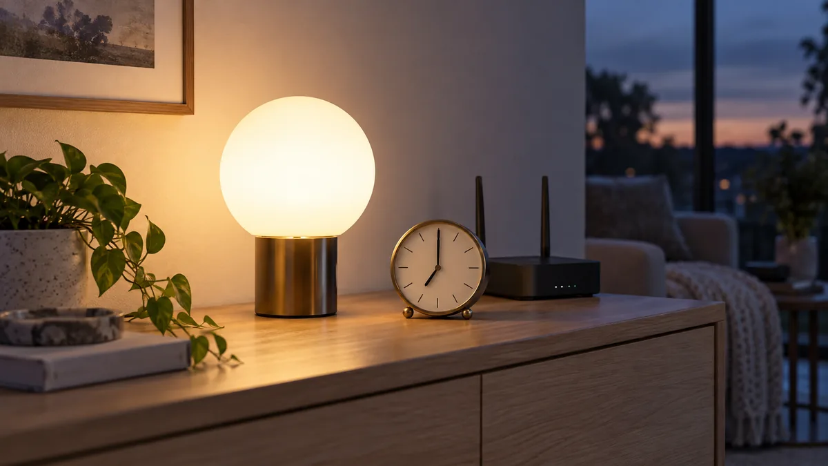 Glowing globe lamp beside an analog clock and a Wi-Fi router on a wooden sideboard at dusk