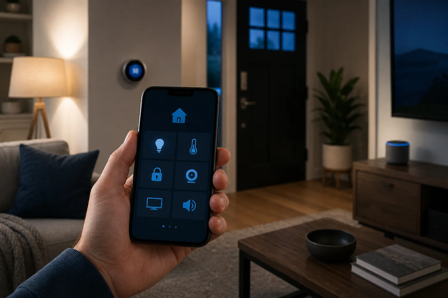 Tablet controlling connected lighting, climate, and security devices