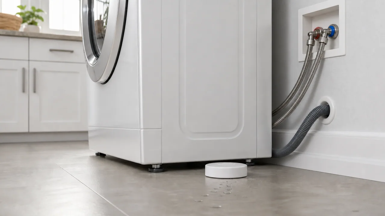 A small white water detector on the floor behind a washer near braided supply and drain hoses