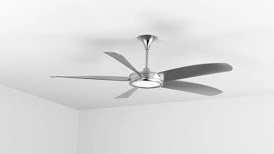 a silver smart ceiling fan mounted on white ceiling