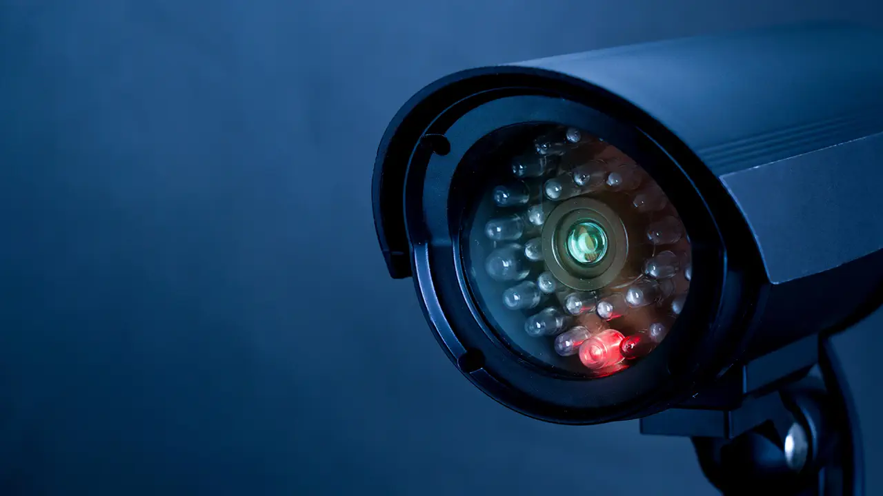 A close up of a CCTV camera with infrared LEDs.