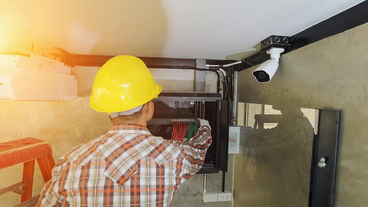 An install technician is connecting up CCTV cameras.